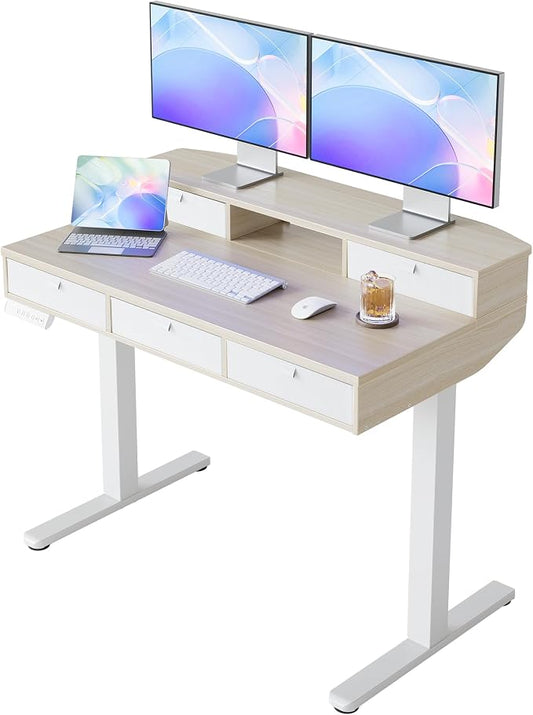 HUANUO 40 X 24 inch Electric Standing Desk with 4 Drawers, Adjustable Height Sit Stand Home Office Desk, C-Clamp Mount Compatible, Ergonomic Stand up Desk with 4 Preset Heights, Natural