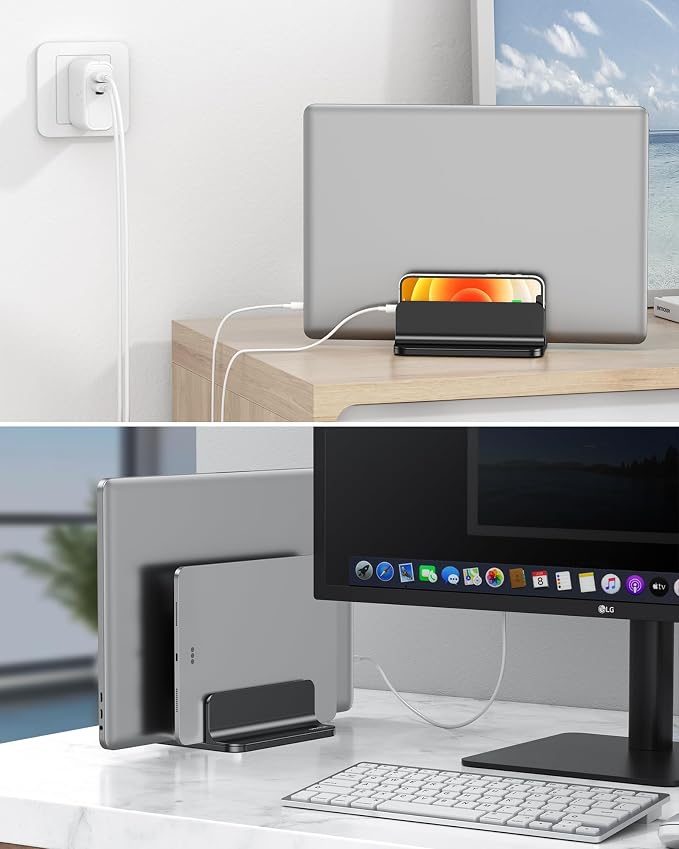 OMOTON Vertical Laptop Stand [Updated Double Version], Desktop Aluminum Mac Book Stand with Adjustable Dock Size, Fits All Mac Book, Surface, Chrome Book and Gaming Laptops (Up to 17.3 inch) (Black)