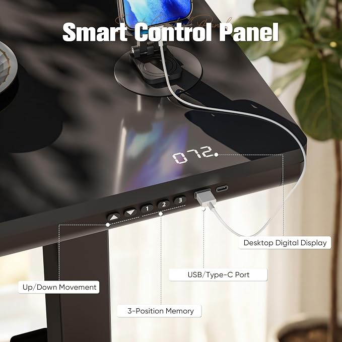 YESHOMY Electric Standing Desk with Tempered Glass Top, 55.1" Height Adjustable Desk with Partitioned Drawer & USB/Type-C Ports, Sit Stand Desk for Home Office, Black