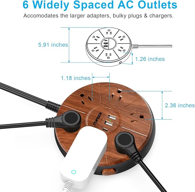 Power Strip with USB, PD 20W USB-C Charging, 6.5 FT Extension Cord with 6 Outlets, 1 USB-C, 2 USB-A, TOPREK Power Strip Surge Protector, Wood Finish Desk Charging Station for Home, Office, Dorm