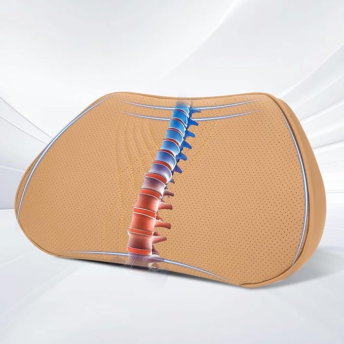 Lumbar Support Pillow for Car Seat, Office, Palomino Brown, 1PC | Leather Lumbar Pillow Memory Foam Lower Back Cushion for Back Pain Relief Improve Posture, Ergonomic Back Rest Gaming Chair