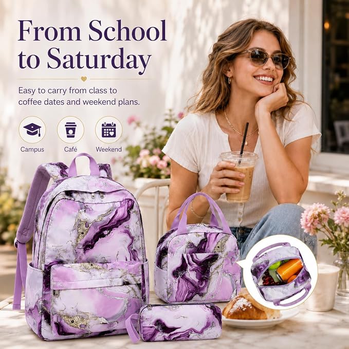 Bluboon Teen Girls School Backpack Kids Bookbag Set with Lunch Box Pencil Case Travel Laptop Backpack Casual Daypacks (Purple Marble)