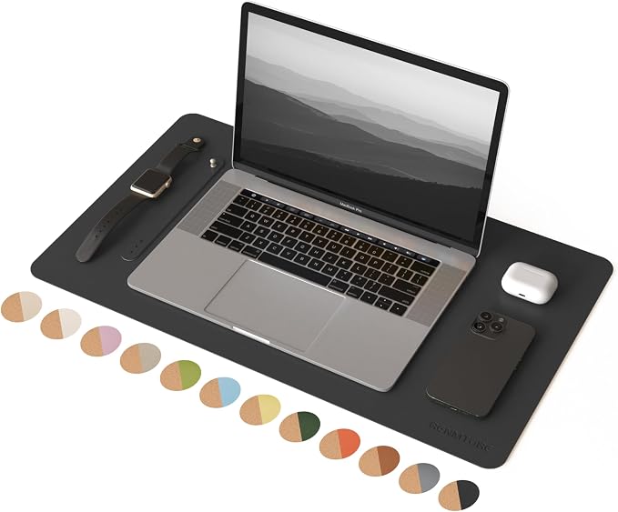 RENMTURE Desk Pad, Cork & PU Leather Desk Mat, Large Mouse pad, Non-Slip Desk Protector and Blotter, Waterproof Writing Pad, Desk Accessories and Organizers for Home Office (Black, 23.6" x 13.7")