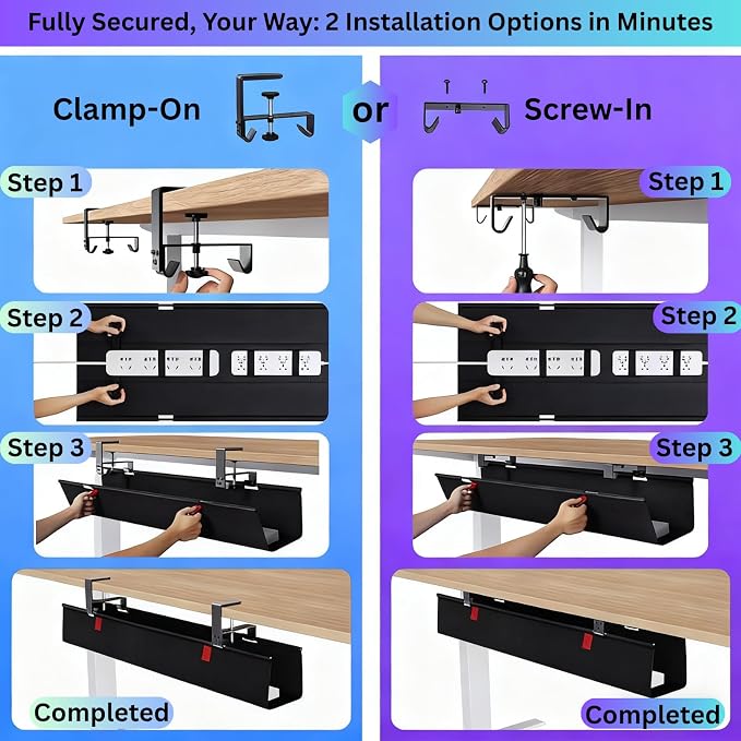 Under Desk Cable Management Tray, 36" Large No Drill Cord Organizer with Easy to Clean Oxford Fabric, Clamp On Power Stripe Holder for Home Office & Gaming Space to Hide Wires