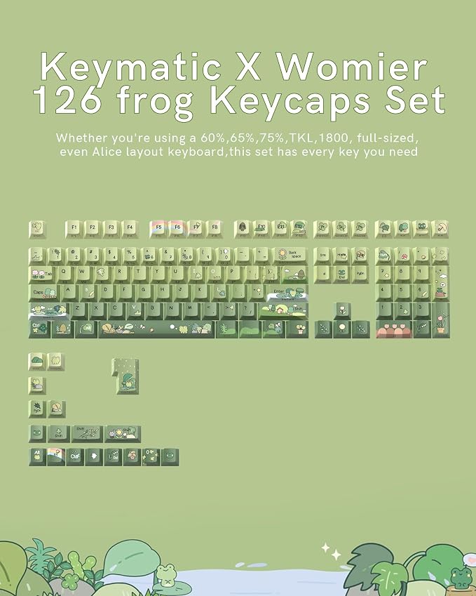 Keymatic Green Frog Cute Keycap Set,128 PBT Custom Keyboard Keycaps,dye Sublimation,Aperture Backlight Cherry Profile Key Cap for Mechanical Keyboard, Compatible with60 70 80 98 100(Only Keycap Set)