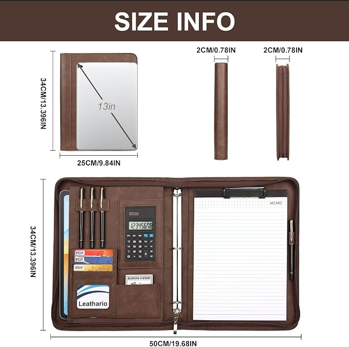 Leathario Portfolio Binder, 3-Ring Folder Organizer, Includes 10 Sheet Protectors and a Pen, Vegan Leather A4 Padfolio for Tablets, Business Conferences Professional Document Organizer