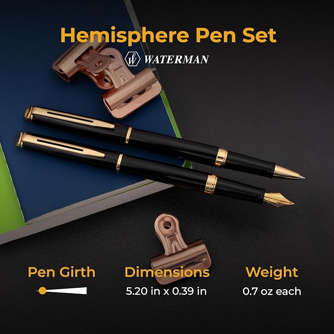Waterman Hemisphere Engraved Fountain and Rollerball Pen Set, Black Lacquer with 23K Gold, Matching Engraving on Both Caps, Mysterious Blue Ink, Gift for Retirement, Board Members, Career Advancement