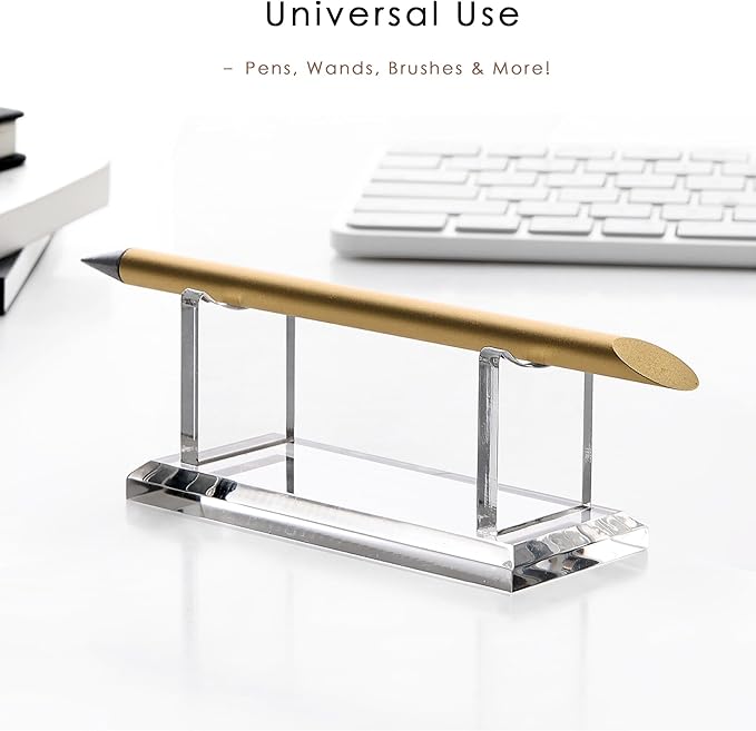 YUXUN Acrylic Pen Holder for Desk - Horizontal Single Pen Display Stand with 8mm Thick Base | Fountain Pen Rest, Apple Pencil Stand, Crystal-Clear Desk Organizer