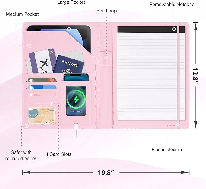 Ospelelf Pink Business Padfolio for Women, Faux Leather Clipboard Folio with Notepad and Pocket, Resume Legal Pad Holder