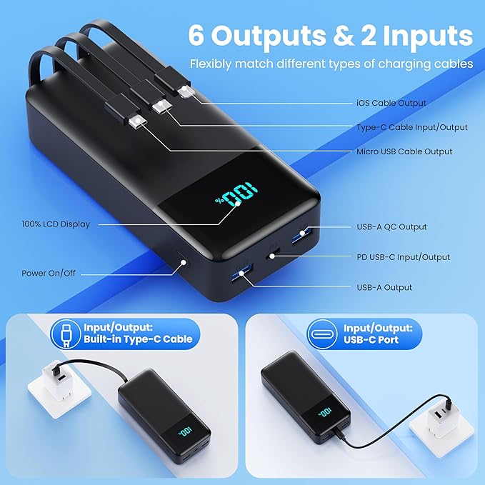 Portable Charger 60800mAh Power Bank with 3 Built-in Cable,25W PD USB C Power Bank Fast Phone Charging,QC4.0 Travel Outdoor Essential Portable Phone Battery Pack for iPhone 17/16/15/14,Galaxy Android