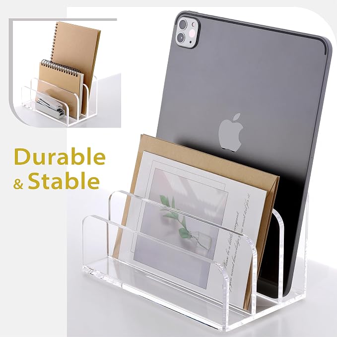 SANRUI Clear Acrylic Mail File Organizer Sorters for Desk, 3 slot Laddered | Desktop Vertical Letter Holder, Multifunction Envelope Folder Racks Holders for Office,Home, School