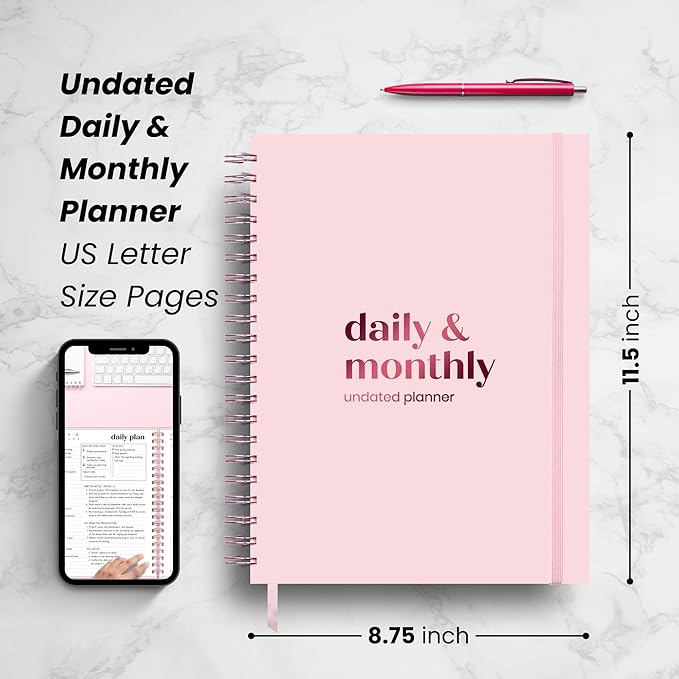 Undated Daily Planner | 2026 Calendar | Large Daily and Monthly Planner with Hourly Schedule, 8.5" x 11" | 6 Month, Full Page a Day, To do List, Time Blocking, Pink Aesthetic Hardcover Spiral Notebook