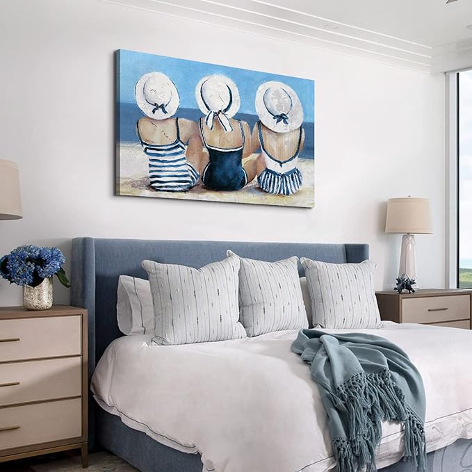 Coastal Beach Girls Wall Art Vintage Ocean Pictures Beach Wall Decor for Bathroom Bedroom Navy Blue and White Swimsuit Canvas Paintings Girl Friends Sun Bathing Artwork Living Room Home Decoration