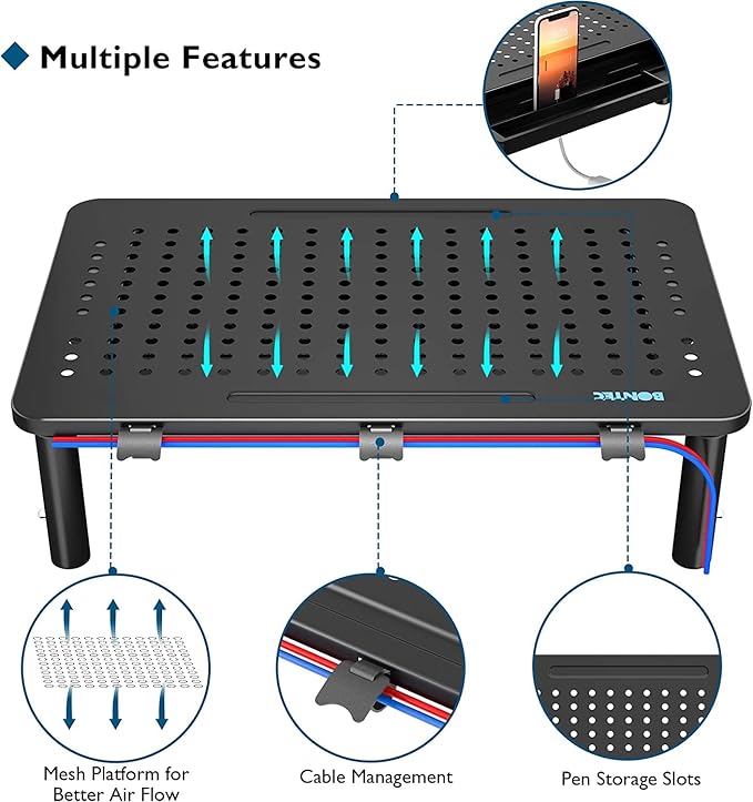 BONTEC 2 Pack Adjustable Monitor Stand Riser with Drawer, Ergonomic Mesh Platform Computer Monitor Stand for Desk, Ventilated Laptop and PC Stand with Cable Management, Supports up to 44lbs