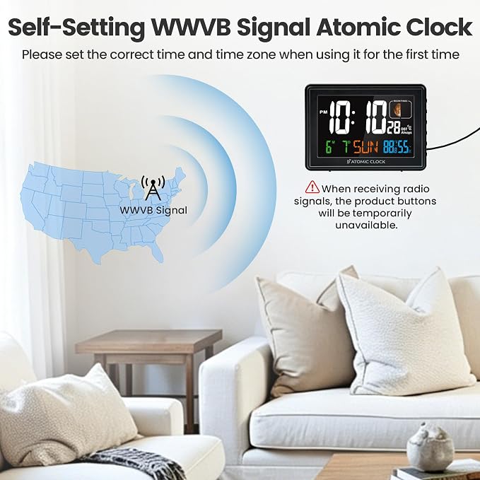 Digital Atomic Alarm Clocks for Bedrooms Battery Backup | Color Display, Self-Setting Clock, Auto DST, Indoor Temperature Humidity, Moon Phase, Calendar, Time, Day of Week, Black