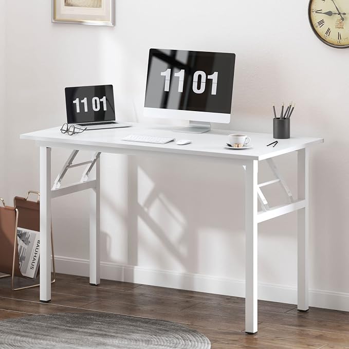 sogesfurniture Modern Foldable Computer Desk 47 inches, No Assembly Sturdy Laptop Workstation for Home Office, Portable Folding Study Table Writing Gaming Desk for Small Spaces, White