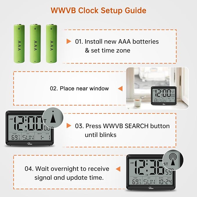 WallarGe Self-Setting Atomic Digital Wall Clock with Auto DST | Battery Operated, Large Display with Temperature, Date and Day, 4 Time Zones, Wall Mount/Desktop Clock for Classroom, Office