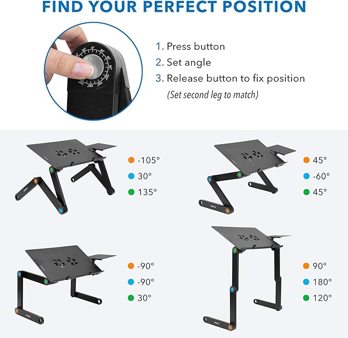 Mount-It! Adjustable Laptop Stand & Lap Desk with USB Cooling Fans, Large Aluminum Laptop Tray with Mouse Pad, Portable Sit-Stand Laptop Desk for Bed, Couch & Table