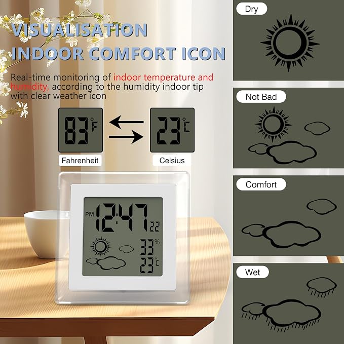 Small Clock Digital Battery Operated Alarm Clock with Auto Backlight, Indoor Temperature Humidity, 12/24H, Date, Travel Alarm Clock Desk Clock Small Clock for Shelf (Battery Included)