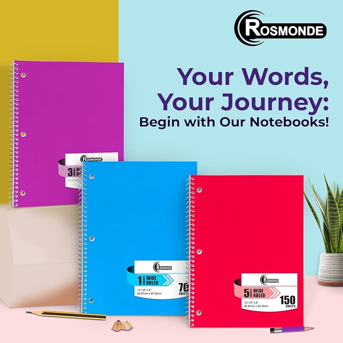 Rosmonde 1 Subject Notebook Wide Ruled, 6 Pack, 70 Sheets (140 Pages), 8 x 10-1/2, 3 Hole Punched Notebooks, Thick No-Bleed Paper, Sturdy Back, Wide Ruled Notebook for School & Office, Assorted Colors
