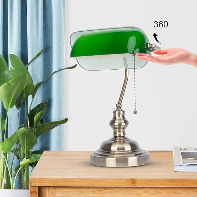 Green Bankers Lamp, Vintage Library Lamp with Pull Chain,Retro Table Lamps for Home Office, Study Room, Piano LED Bulb Included