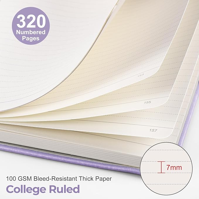 EMSHOI Lined Journal Notebook - 320 Numbered Pages, 100gsm Thick Journals, A5 Hardcover Leather College Ruled Notebooks for Women Men School Work Writing Note Taking, 5.75 x 8.38-Light Purple