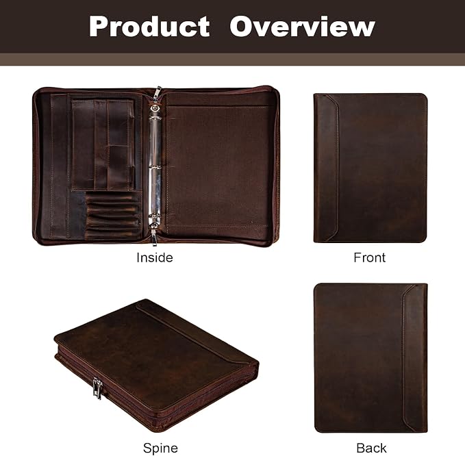 AZXCG Genuine Leather Portfolio Binder for Men& Women,Portfolio Organizer with Zipper,Leather 3 Ring Binder for iPad Pro 12.9,Business Portfolio for Men,Gift for Father's Day