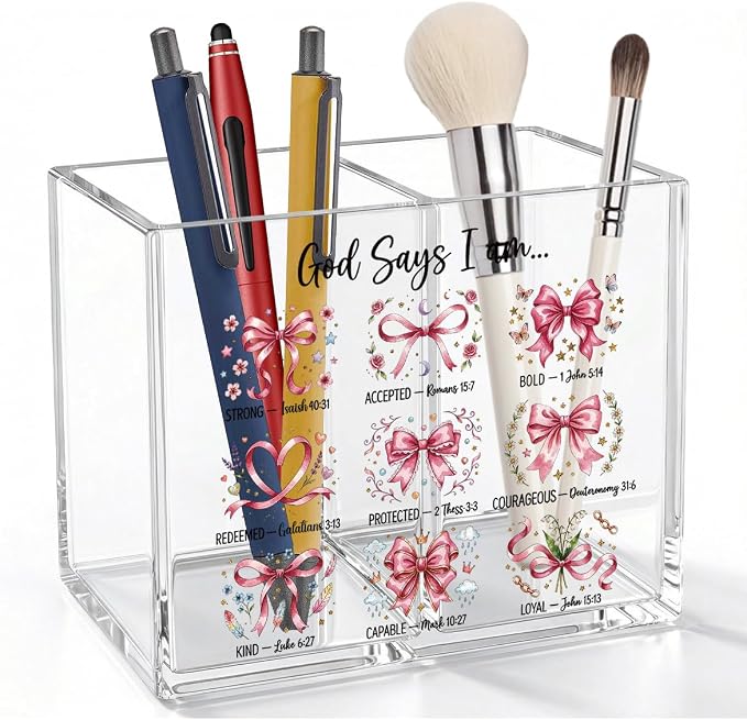 Pink Bow Girly Inspirational Christian Acrylic Cosmetic Pencil Pen Holder Cup Cute Religious Gifts for Girl Women God Says I Am Preppy Decor for Home Office Desk Vanity Organizers and Accessories