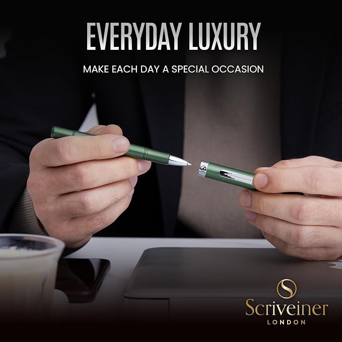 Scriveiner Green Rollerball EDC Luxury Pen, Stunning Pocket Pen with Chrome Finish, Cool Writing Pen, Best Gift for Men & Women, German Schmidt Refill, Nice Present, Fancy Office Designer