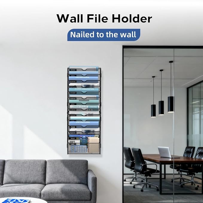 14 Tier Wall Hanging File Organizer, Paper Folder Holder Wall Mounted, Metal Mail Sorter for Office Home School, Black