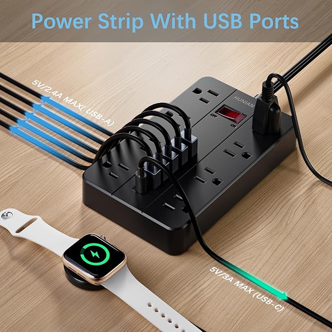 Power Strip with Multiple Outlets, HUNIAN Flat Plug 10 Ft Long Extension Cord with 8 Widely Spaced Outlets 6 USB (1 USB C Port), Wall Mount Charging Station for Home and Office