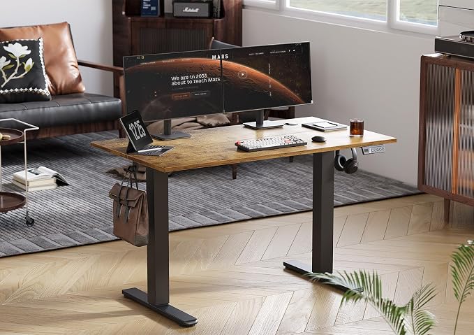 Seang Electric Standing Desk Adjustable Height, 48 x 24 Inch Sit Stand Desk with T-Shaped Frame, 3 Memory Presets & Cable Management for Home Office Computer Workstation, Black Frame/Rustic Brown Top