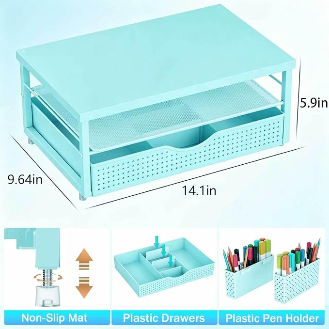 gianotter Desk Organizers and Accessories, Monitor Stand with Drawer and 2 Pen Holder, Desktop Organizer Suitable for Offices and Dormitories (Blue-Plain)