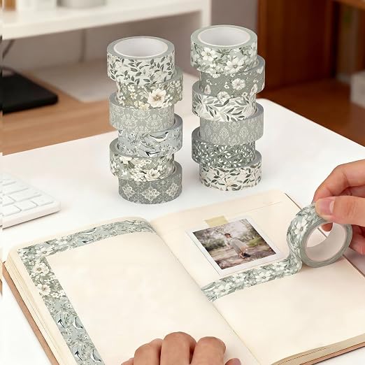 12 Rolls Watercolor Floral Washi Tape Set 15 mm Vintage Flower Decorative Masking Tape for Summer School Arts DIY Craft Scrapbook Journal Supplies Gifts(Sage Green,Greenery)