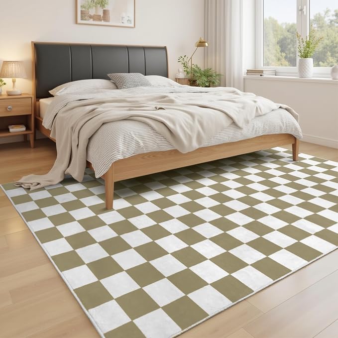 Terrug Beige and White Checkered Rug for Living Room,8x10 Area Rugs Washable with Non Slip for Bedroom,Soft Low Pile Stain Resistance Retro Carpet for Dorm Kids Room