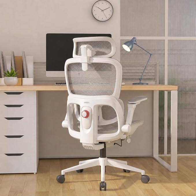 SIHOO B300 PRO Ergonomic Office Chair, High Back Mesh Computer Chair with Wide Headrest, 6D Flip-Up Rotatable Armrests, Adaptive Lumbar Support, 135° Reclining Home Office Desk Chair, Soft White