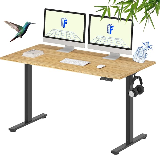 FLEXISPOT EN1 Bamboo Single-Piece Standing Desk, 55 x 28 Inches Ergonomic Desk for Home Office and Gaming (Black Frame + Bamboo Top, 2 Packages)