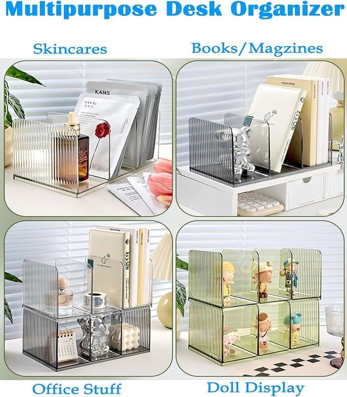 Versatile Acrylic Magazine File Holder, 3 Compartment Desk Document Organizer Sorter, Clear Bookends & Folder Rack for Classroom, Holds Tablet, Magazines, Files, Supplies & Accessories-2 Pack Green