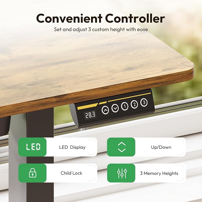32 x 24 Inch Height Adjustable Standing Desk, 3 Presets, Brown | 32 x 24 in Desktop, 28.3–46.5 in Height, 2+3 Controls, ≤45 dB, 154 lb Capacity, 2 Hooks