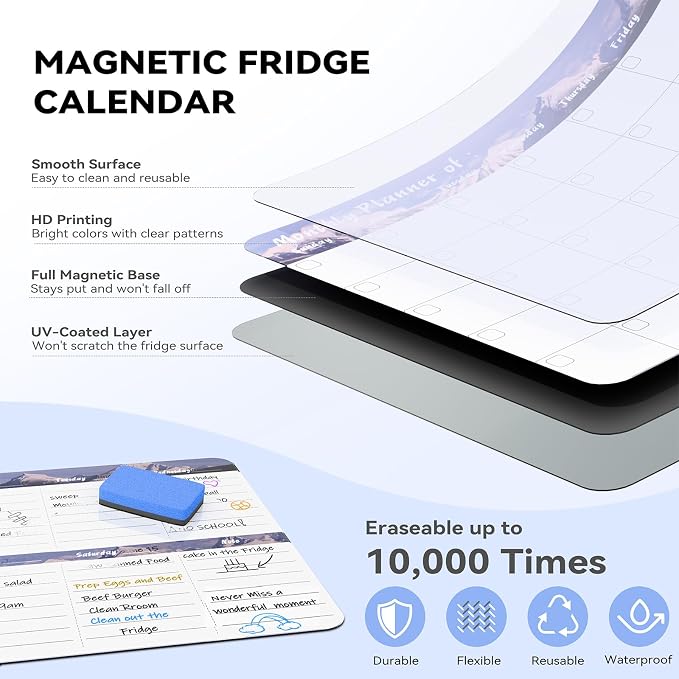 Marsrock Dry Erase Magnetic Calendar for Refrigerator (3 Pack) - Monthly & Weekly & Daily Planner Magnet Whiteboard for Fridge - Shopping, to Do List, Meal/Menu, Planning Board, 14"x11", Grey