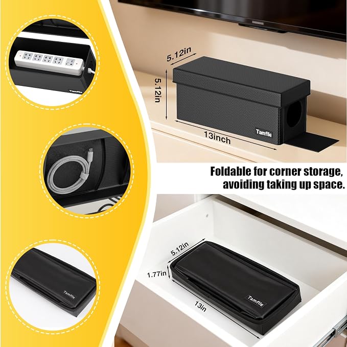Tamfile Cable Management Box, Fireproof Foldable Cord Organizer and Cover | Heat Resistant Large Power Strip Organizer for TV Wires, Computer and USB Hub with Cable Clips & Reusable Cable Ties, Black