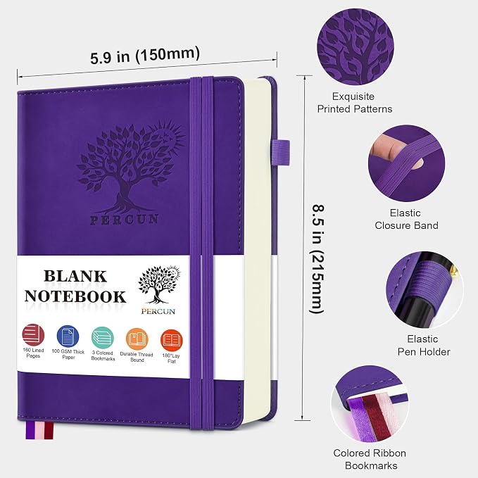 PERCUN Blank Journal Ntebook for Men & Women, 160 Pages Leather Journals for Writing, Drawing Sketch Book,5.9" x 8.5" Hardcover Sketchbook, Unlined Notebooks for Work, School, Art (Purple)