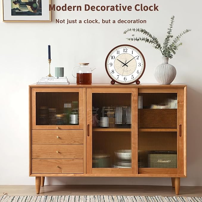 Maxspace Wooden Table Clock,8in Silent Non-Ticking Desk Clock,Battery Operated Desktop Analog Clock for Living Room Bedroom Kitchen Office Classroom Decor (Walnut - Map)