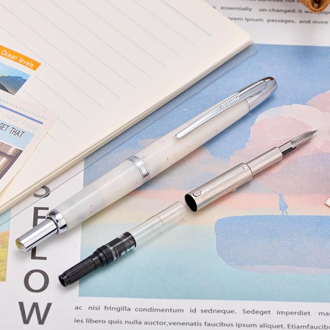 Jinhao 20 Press Fountain Pen, Snow White Retractable Medium Nib with Ink Converter Set (Silver Clip)