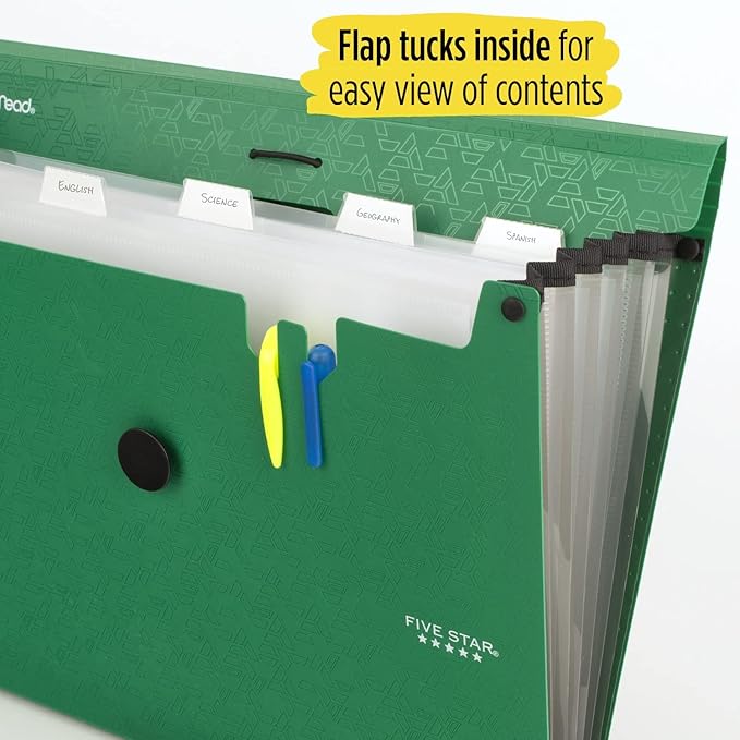 Five Star 6 Pocket Expanding File Organizer, Plastic Expandable File Folders with Pockets and Tab Inserts, Holds 11" x 8-1/2", Bungee Closure, Forest Green (72925)