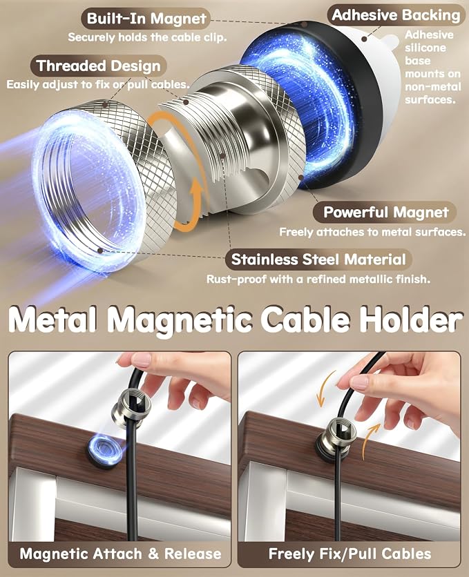 Maveek Magnetic Cable Clips 8Pcs, Stainless Steel Cord Anchor, Metal Silver | Wire Organizer USB C Charging For Home Office Under Desk Car Dash Cam, Stronger Hold Maget, Self-Adhesive & Magnetic Mount