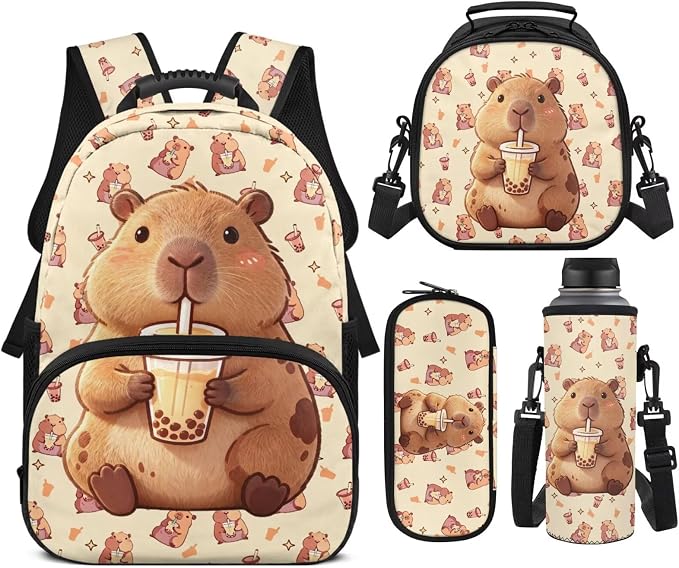 Capyabara Girls School Backpack Set 4 PCS, 17 Inch Cute Cartoon Bookbag with Insulated Lunch Bag for Kids Ages 6-8 1st 2nd 3rd Grade