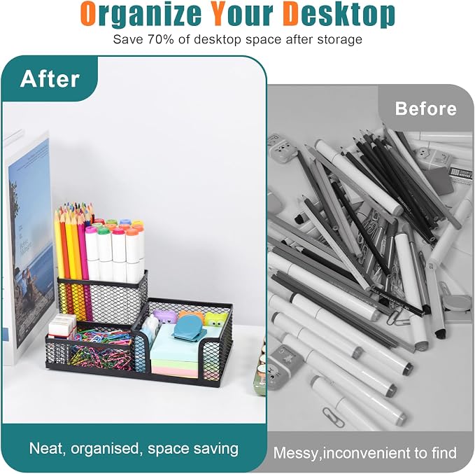 SAYEEC Mesh Desk Organizer, Black Pen Holder for Desk, 3 Compartments Wire Desktop Organizer, Multi-Functional Metal Pencil Cup Caddy Holder Office Supply Storage Organizers for School Home Workspace