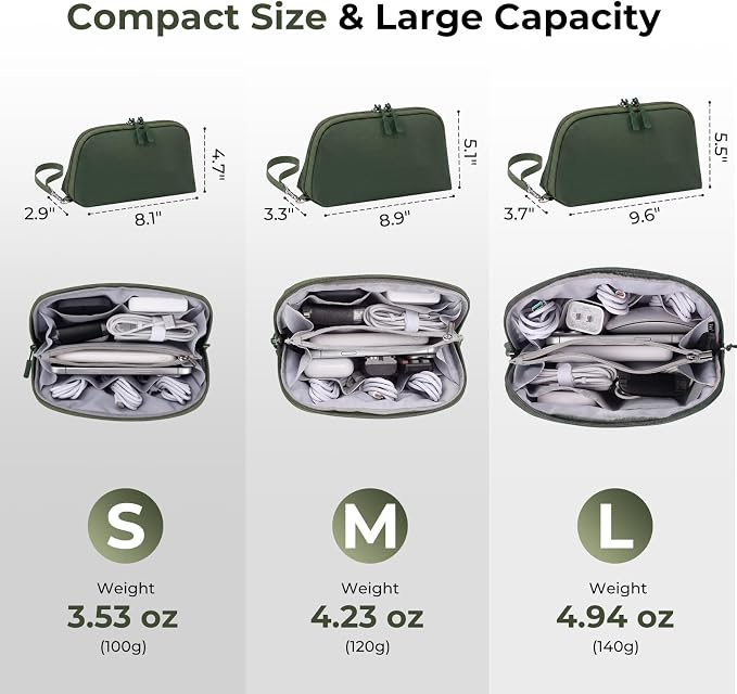 FYY Travel Cable Organizer - 8 Compartments Lightweight Water Resistant Tech Pouch with Wrist Strap, Electronic Accessories Case for Cord Charger Storage for Travel Home Office, Green (Medium)