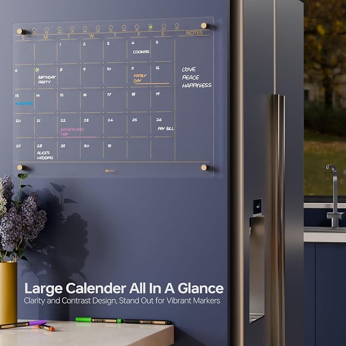 Yeoux Clear Glass Monthly Dry Erase Calendar Board for Wall, 17" x 23" | Large Monthly Planner, Easy Installation, Non-Magnetic, Frameless Tempered Glass, 4 Markers Included